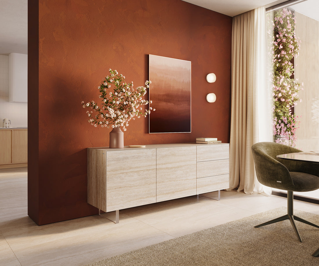 Sideboard Cuor 180cm Ceramic Travertino Bianco 2 Doors 3 Drawers Acryl Feet