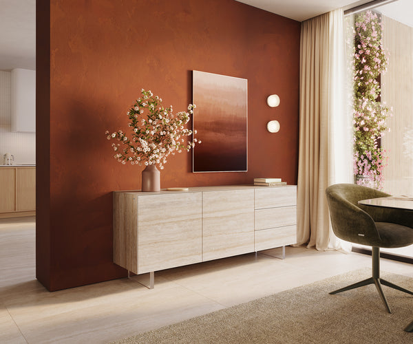 Sideboard Cuor 180cm Ceramic Travertino Bianco 2 Doors 3 Drawers Acryl Feet