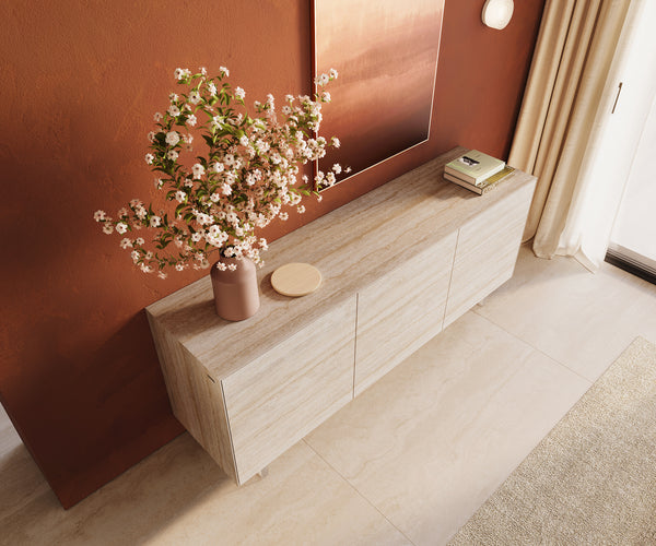 Sideboard Cuor 180cm Ceramic Travertino Bianco 2 Doors 3 Drawers Acryl Feet