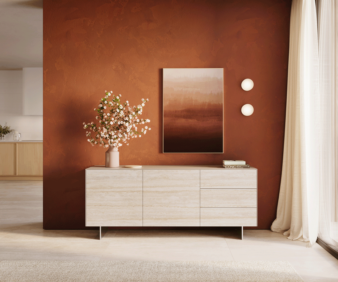 Sideboard Cuor 180cm Ceramic Travertino Bianco 2 Doors 3 Drawers Narrow Feet Silver