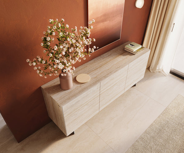 Sideboard Cuor 180cm Ceramic Travertino Bianco 2 Doors 3 Drawers Narrow Feet Silver