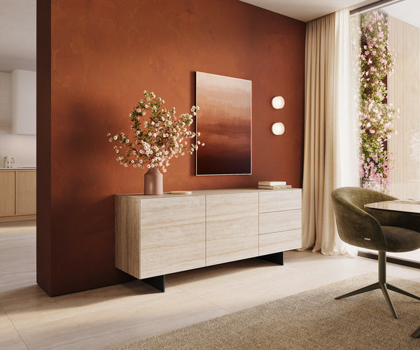 Sideboard Cuor 180cm Ceramic Travertino Bianco 2 Doors 3 Drawers Narrow Feet Black