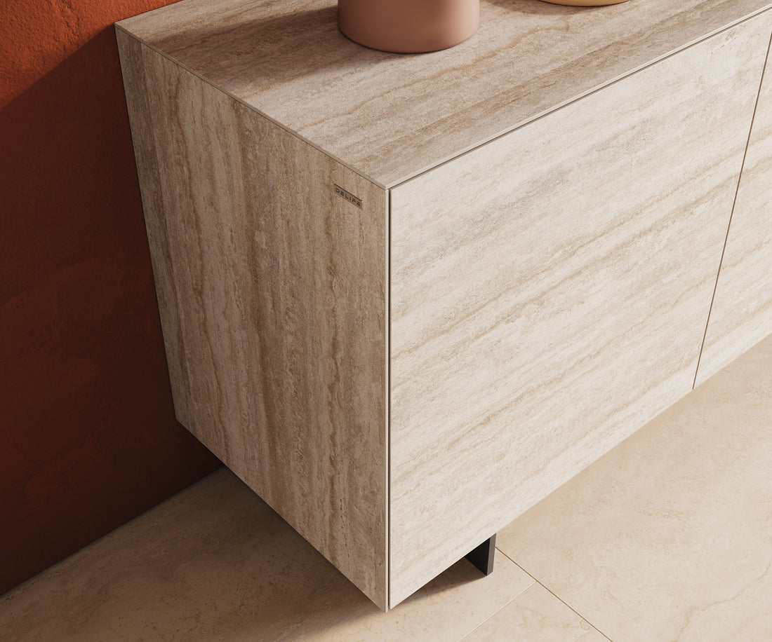 Sideboard Cuor 180cm Ceramic Travertino Bianco 2 Doors 3 Drawers Narrow Feet Black