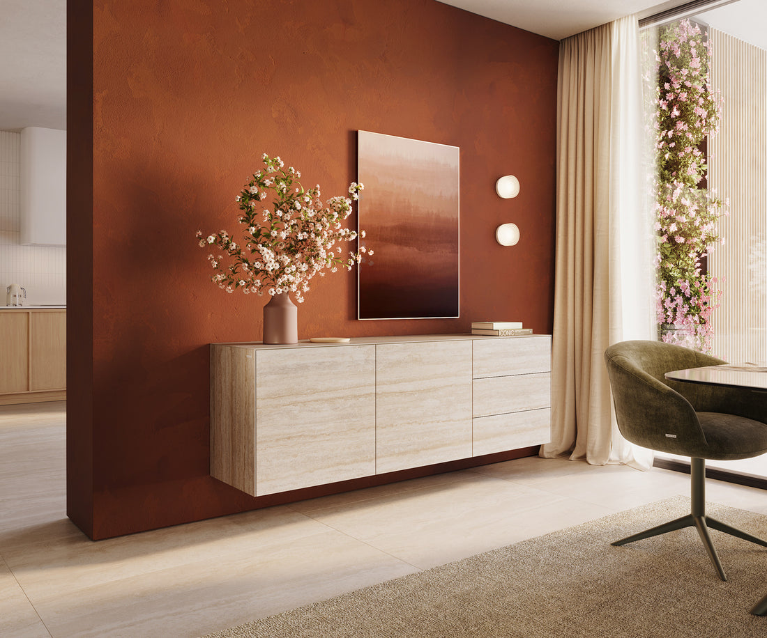 Floating Sideboard Cuor 180cm Ceramic Travertino Bianco 2 Doors 3 Drawers