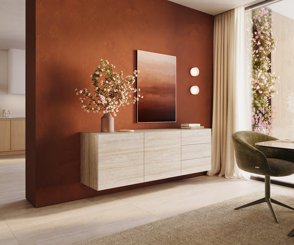 Floating Sideboard Cuor 180cm Ceramic Travertino Bianco 2 Doors 3 Drawers