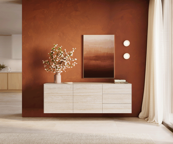 Floating Sideboard Cuor 180cm Ceramic Travertino Bianco 2 Doors 3 Drawers