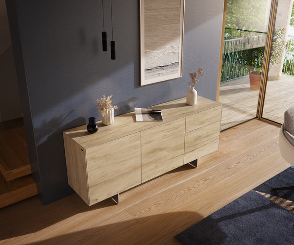 Sideboard Cuor 180cm Ceramic Sabbia Oak 2 Doors 3 Drawers Narrow Feet Silver