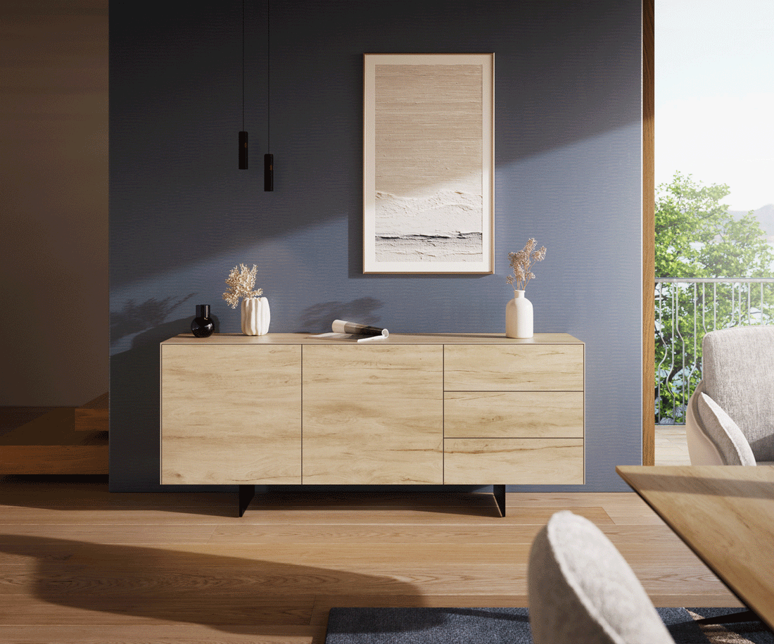 Sideboard Cuor 180cm Ceramic Sabbia Oak 2 Doors 3 Drawers Narrow Feet Black