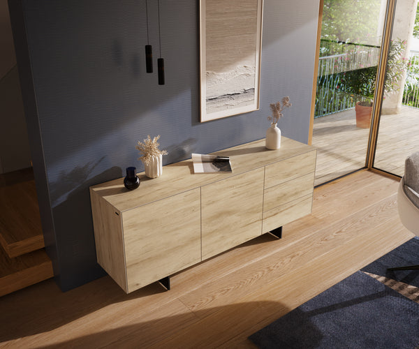 Sideboard Cuor 180cm Ceramic Sabbia Oak 2 Doors 3 Drawers Narrow Feet Black