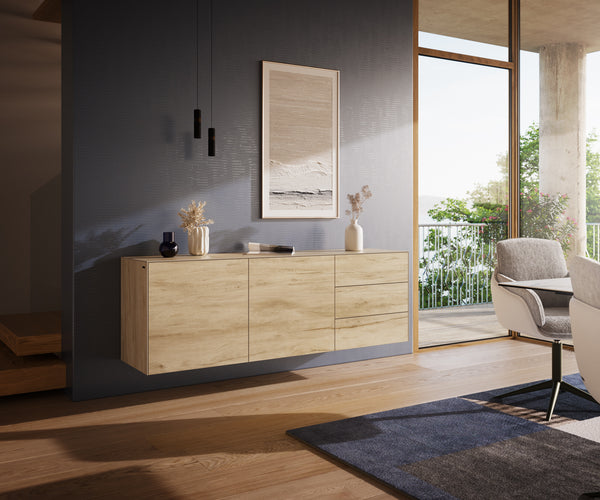 Floating Sideboard Cuor 180cm Ceramic Sabbia Oak 2 Doors 3 Drawers
