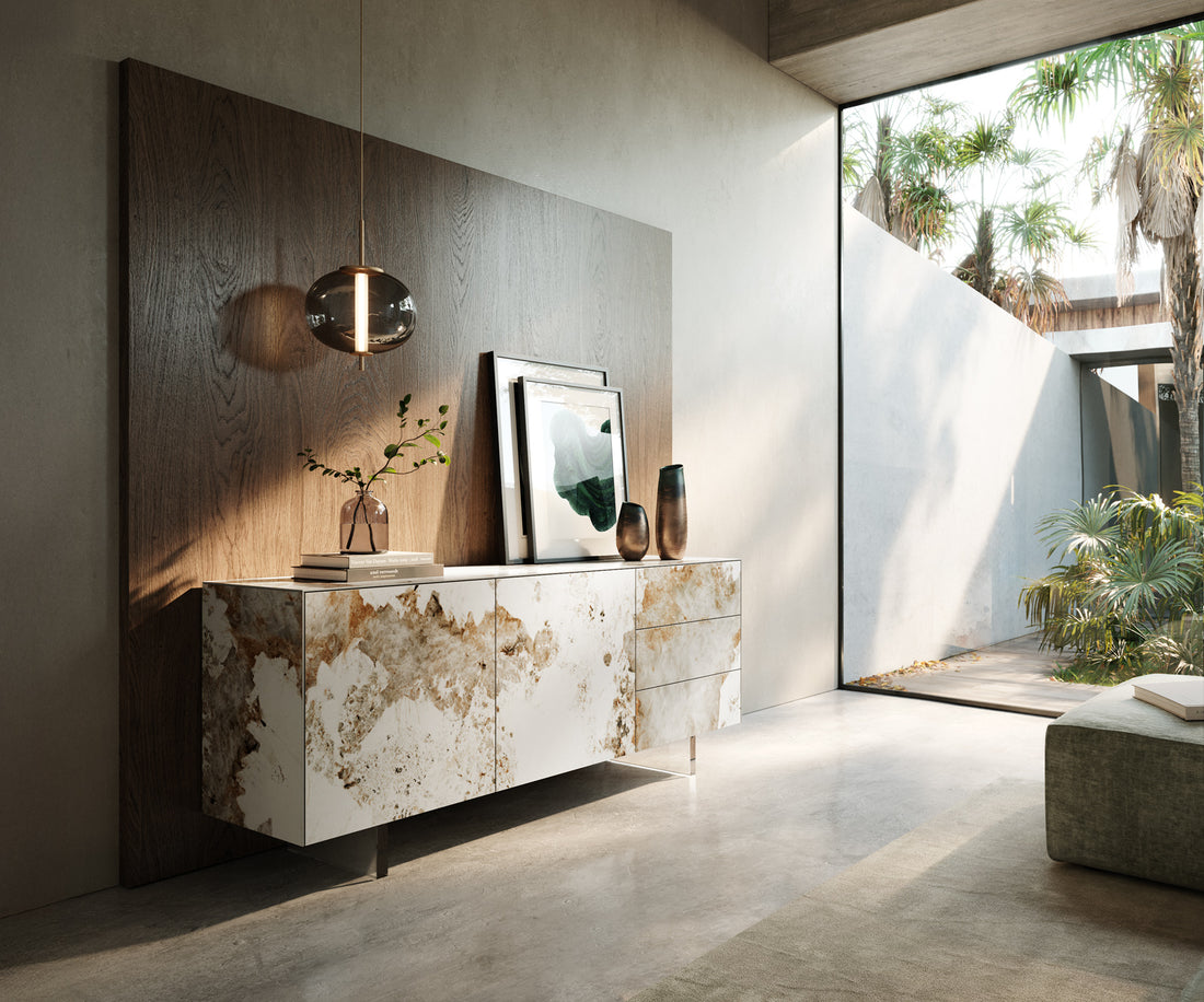 Sideboard Cuor 180cm Ceramic Minas Melange 2 Doors 3 Drawers Acryl Feet