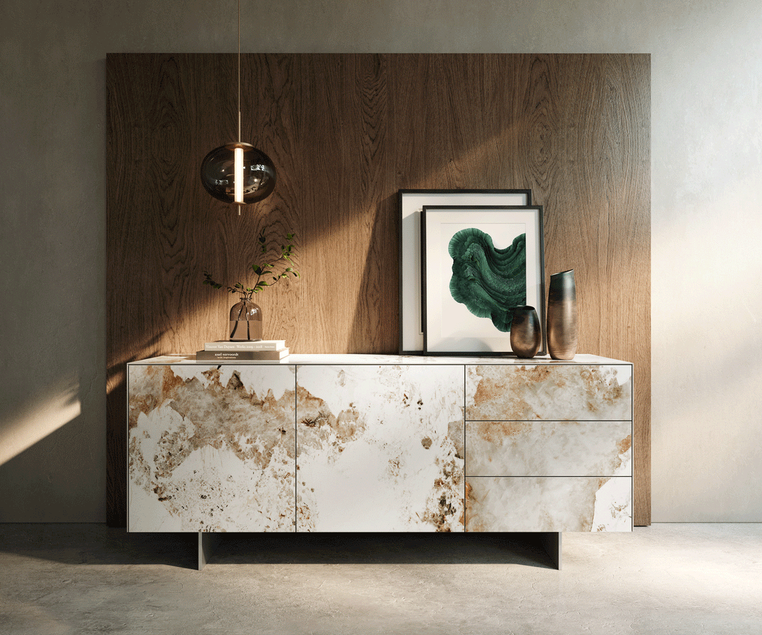 Sideboard Cuor 180cm Ceramic Minas Melange 2 Doors 3 Drawers Narrow Feet Silver