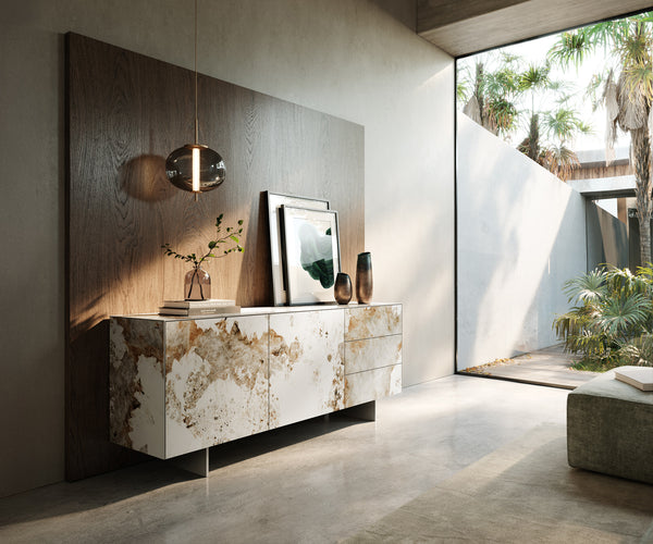 Sideboard Cuor 180cm Ceramic Minas Melange 2 Doors 3 Drawers Narrow Feet Silver