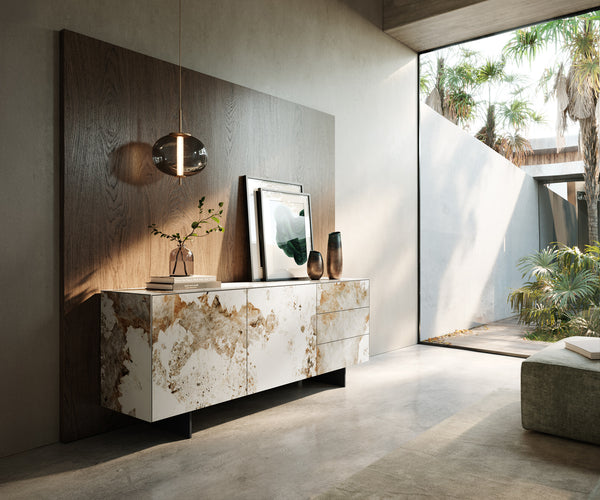 Sideboard Cuor 180cm Ceramic Minas Melange 2 Doors 3 Drawers Narrow Feet Black