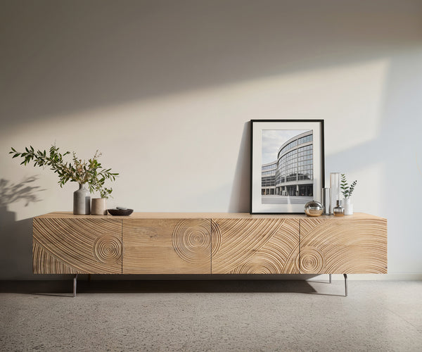 TV Stand Ashara 220cm Oak Wood Natural 4 Doors Angled Feet Silver