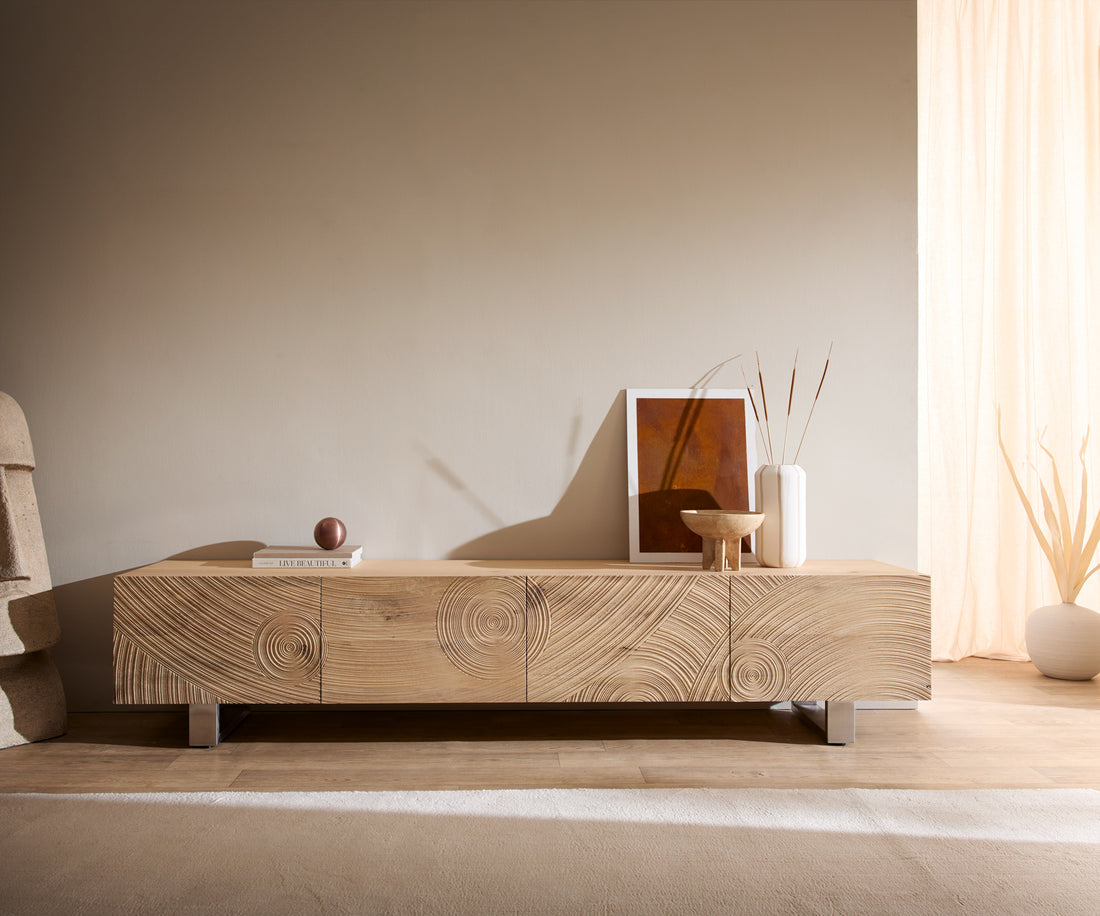 TV Stand Ashara 220cm Oak Wood Natural 4 Doors Square Feet Silver