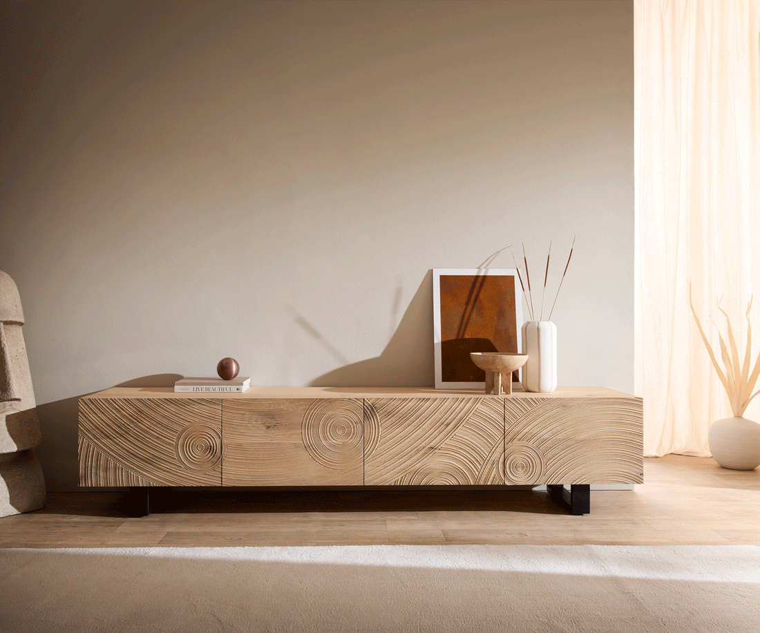 TV Stand Ashara 220cm Oak Wood Natural 4 Doors Square Feet Black