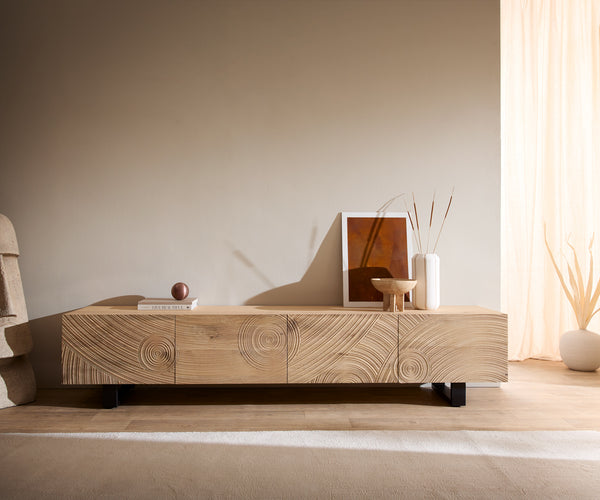 TV Stand Ashara 220cm Oak Wood Natural 4 Doors Square Feet Black