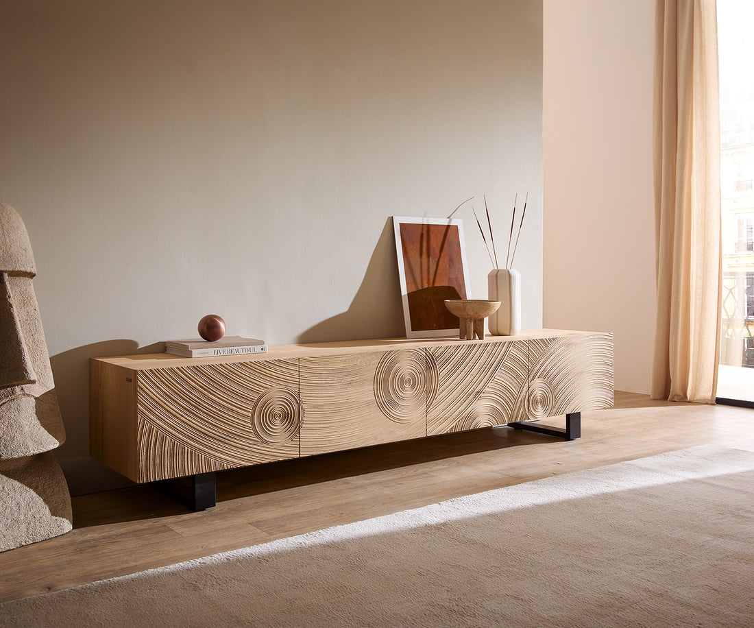 TV Stand Ashara 220cm Oak Wood Natural 4 Doors Square Feet Black