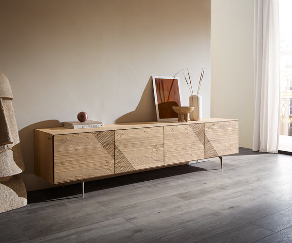 TV Stand Tereos 220cm Oak Wood Natural 4 Doors Angled Feet Silver