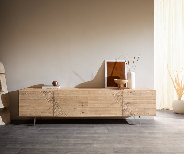 TV Stand Tereos 220cm Oak Wood Natural 4 Doors Angled Feet Silver