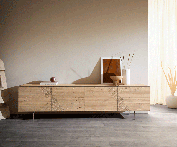 TV Stand Tereos 220cm Oak Wood Natural 4 Doors Angled Feet Silver