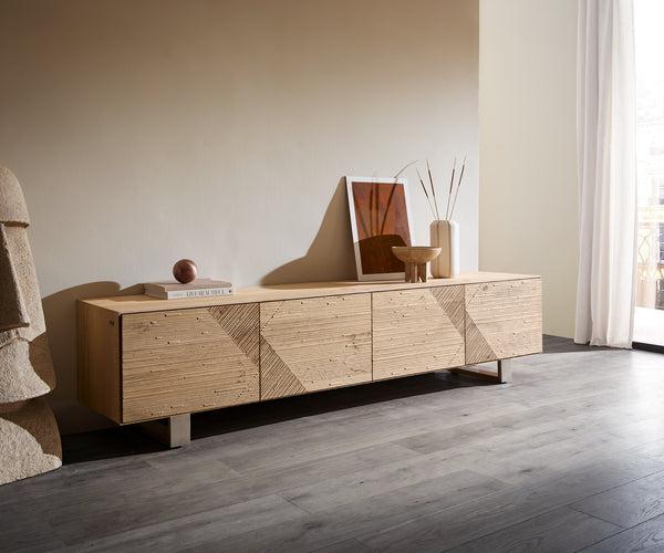 TV Stand Tereos 220cm Oak Wood Natural 4 Doors Square Feet Silver