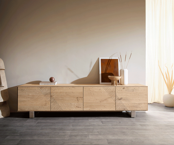 TV Stand Tereos 220cm Oak Wood Natural 4 Doors Square Feet Silver