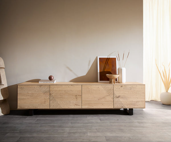 TV Stand Tereos 220cm Oak Wood Natural 4 Doors Square Feet Black