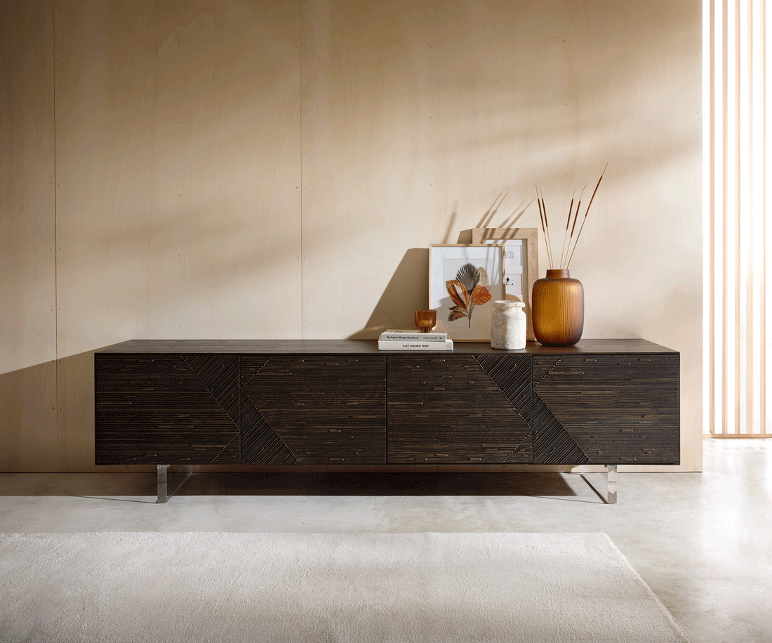 TV Stand Tereos 220cm Ash Wood Dark Brown 4 Doors Acryl Feet