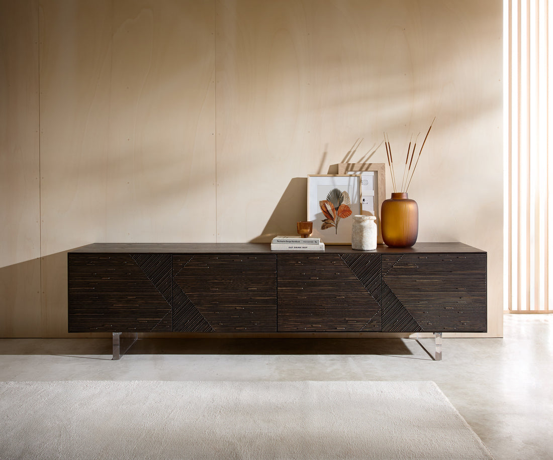 TV Stand Tereos 220cm Ash Wood Dark Brown 4 Doors Acryl Feet