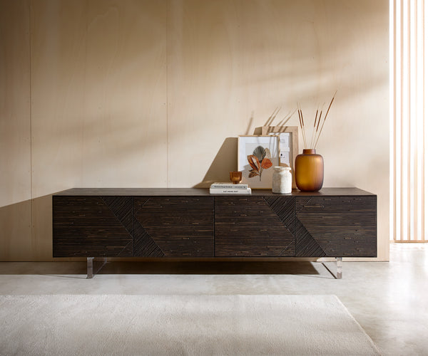 TV Stand Tereos 220cm Ash Wood Dark Brown 4 Doors Acryl Feet