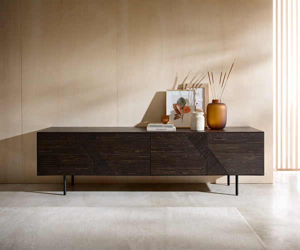 TV Stand Tereos 220cm Ash Wood Dark Brown 4 Doors 4 Legs Black