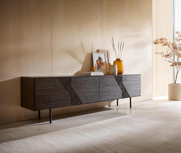 TV Stand Tereos 220cm Ash Wood Dark Brown 4 Doors 4 Legs Black