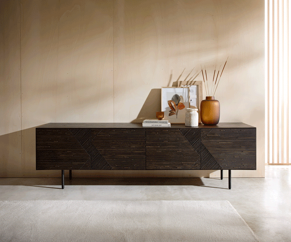 TV Stand Tereos 220cm Ash Wood Dark Brown 4 Doors 4 Legs Black