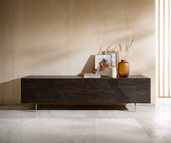 TV Stand Tereos 220cm Ash Wood Dark Brown 4 Doors Angled Feet Silver