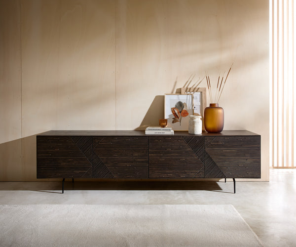 TV Stand Tereos 220cm Ash Wood Dark Brown 4 Doors Angled Feet Black