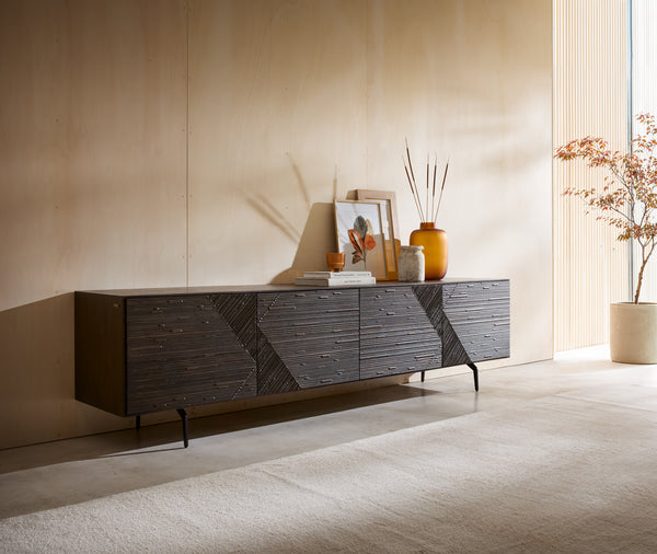 TV Stand Tereos 220cm Ash Wood Dark Brown 4 Doors Angled Feet Black
