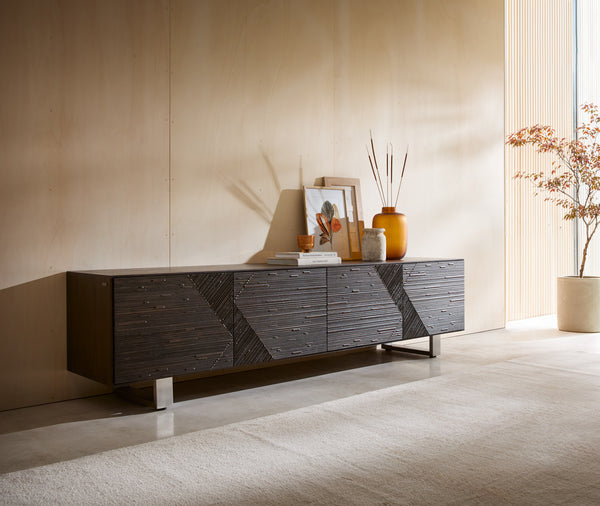 TV Stand Tereos 220cm Ash Wood Dark Brown 4 Doors Square Feet Silver