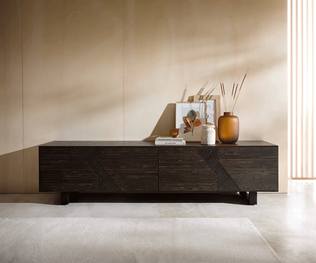 TV Stand Tereos 220cm Ash Wood Dark Brown 4 Doors Square Feet Black