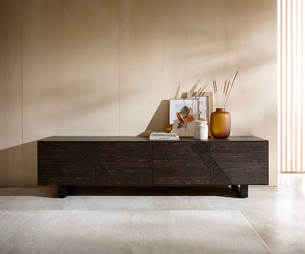 TV Stand Tereos 220cm Ash Wood Dark Brown 4 Doors Square Feet Black