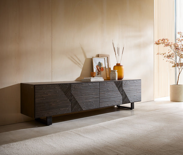 TV Stand Tereos 220cm Ash Wood Dark Brown 4 Doors Square Feet Black