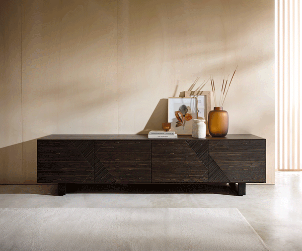 TV Stand Tereos 220cm Ash Wood Dark Brown 4 Doors Square Feet Black