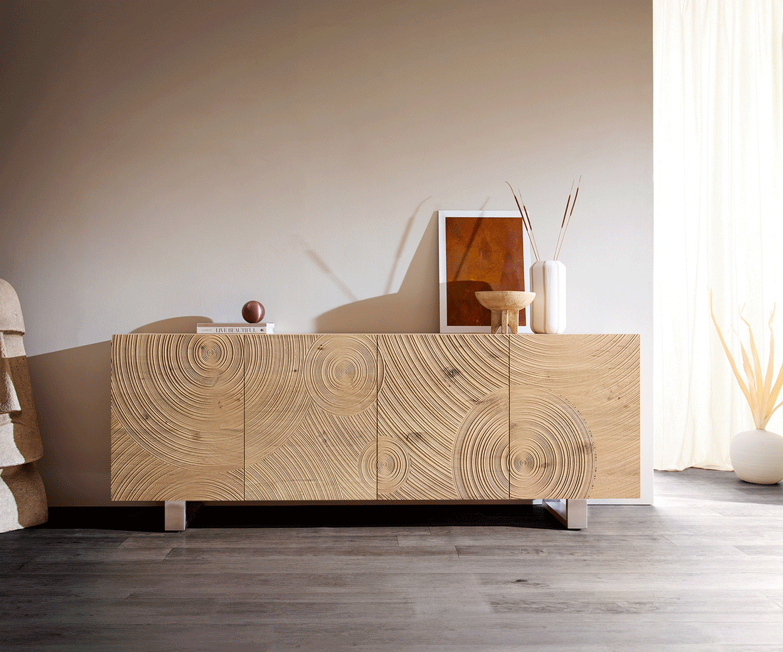 Sideboard Ashara 200cm Oak Wood Natural 4 Doors Square Feet Silver