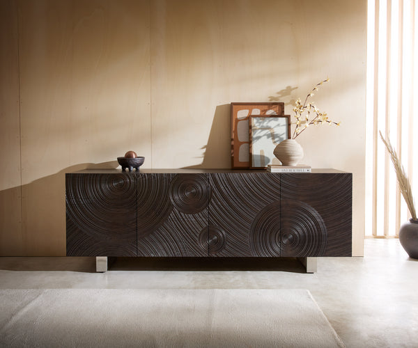 Sideboard Ashara 200cm Ash Wood Dark Brown 4 Doors Square Feet Silver