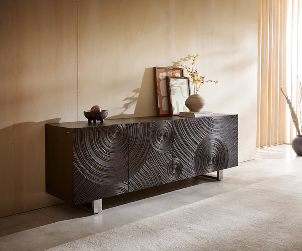 Sideboard Ashara 200cm Ash Wood Dark Brown 4 Doors Square Feet Silver