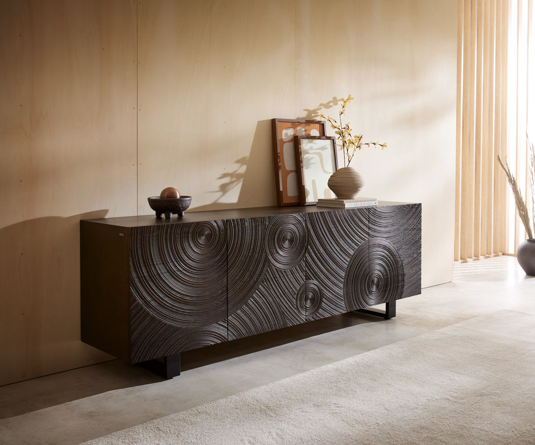 Sideboard Ashara 200cm Ash Wood Dark Brown 4 Doors Square Feet Black
