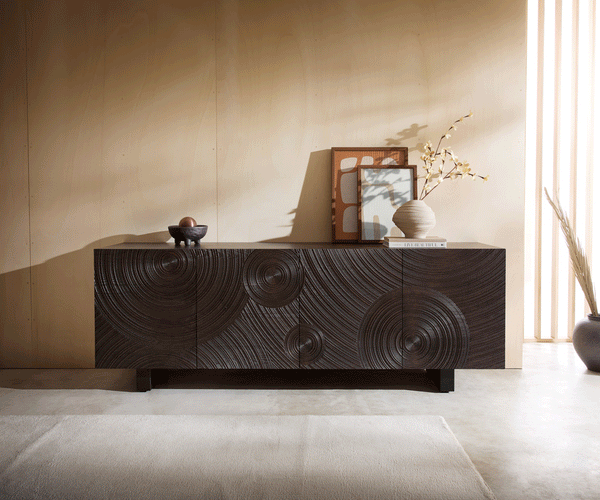 Sideboard Ashara 200cm Ash Wood Dark Brown 4 Doors Square Feet Black