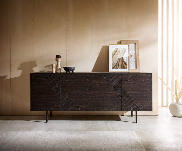 Sideboard Tereos 200cm Ash Wood Dark Brown 4 Doors 4 Legs Black