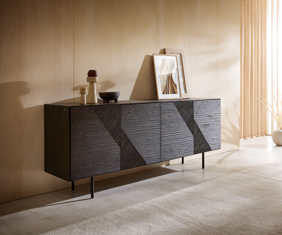 Sideboard Tereos 200cm Ash Wood Dark Brown 4 Doors 4 Legs Black